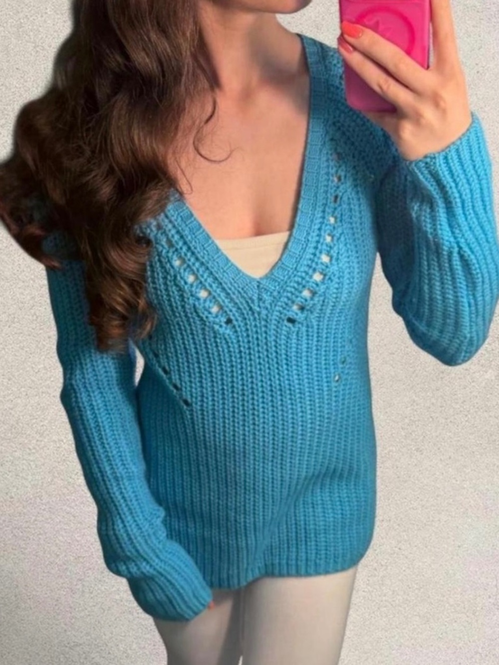 Preppy Blue Knit V-Neck Wool Tunic Sweater Women's M